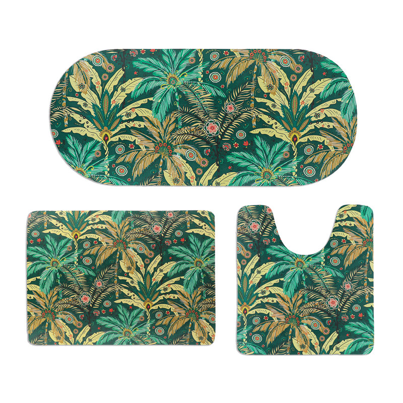 Decorative 3-Piece Bath Mat Set – Includes Standard, Runner, and Contour, Green/Yellow/Red Tropical
