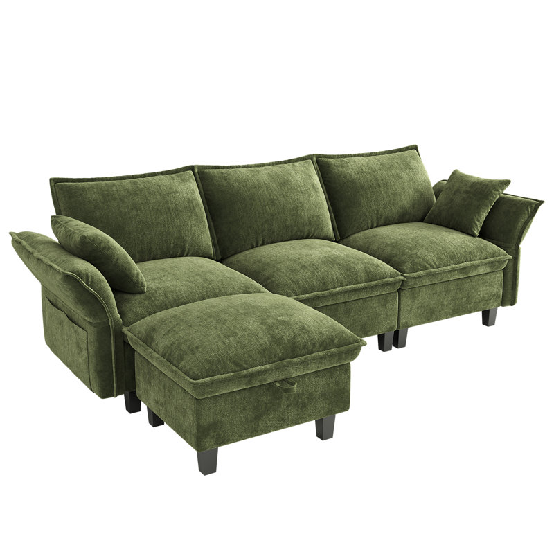 112'' Down Modular Sectional Sofa With Movable Ottoman, Couch With Removable Washable Cushion Covers, Tool-Free Easy Assembly, Petal Arms Deep Seat Cloud Couches For Living Room, Chenille Fabric