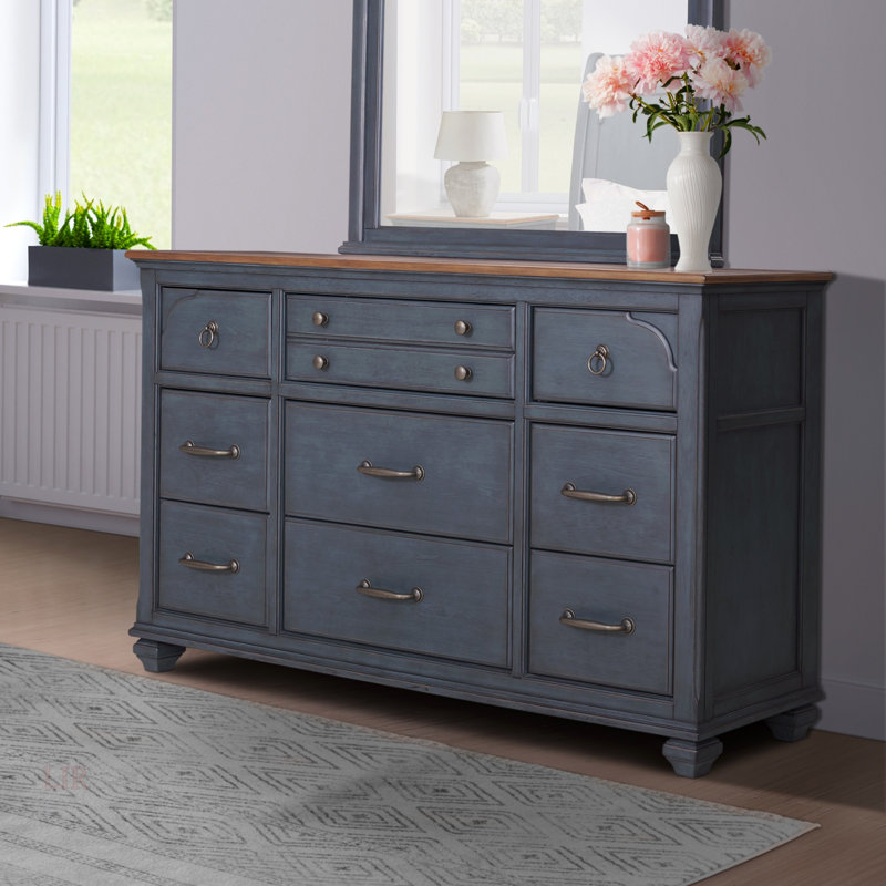 Commode 9 tiroirs, aucun assemblage requis, finition bleue en velours côtelé