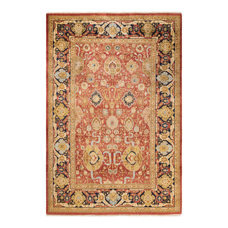 Tapis unique noué à la main orange / rouille / bleu / ivoire Keller de conception unique 6 pi 1 po x 9 pi Keller