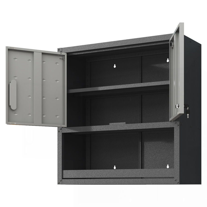Armoire de rangement murale en métal avec porte verrouillable et 1 tablette 1 tiroir ouvert pour garage, entrepôt, assemblage requis