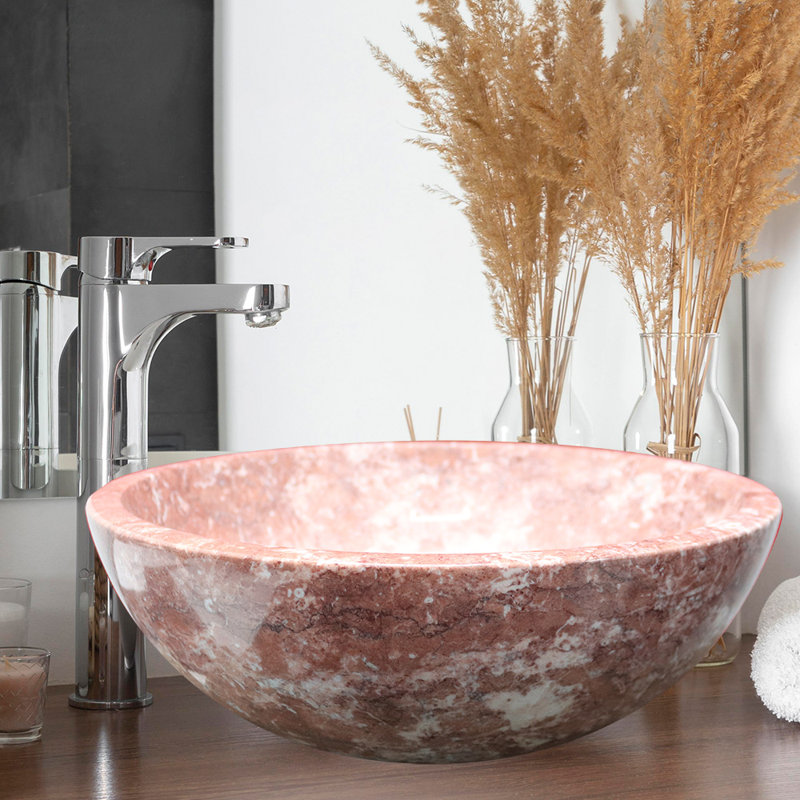 Lavabo de salle de bain onyx en marbre fait à la main, 16 po, vasque ronde, rose