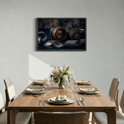 Vintage Camera Lens and Film Strip on Dark Blue Surface Canvas Wall Art