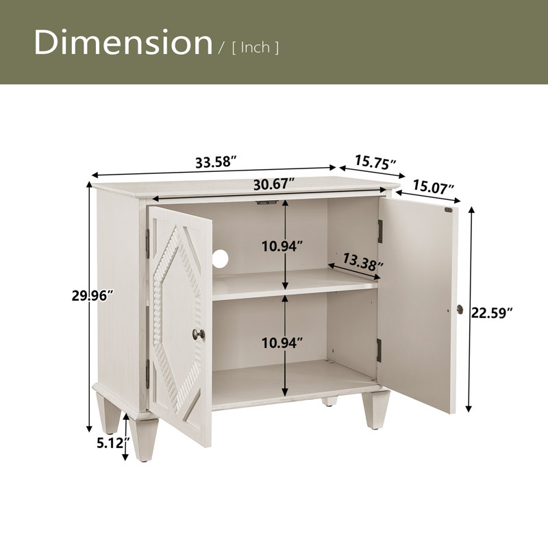 Buffet rétro 33,6 "en bois avec rangement, Blanc antique