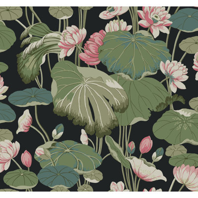 Oceanside, Lotus Pond Midnight/Flamingo, 27 In. X 27 Ft. = 60.75 Sq. Ft, Wallpaper Roll