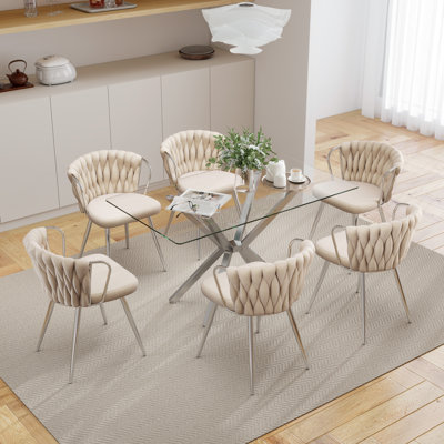 Modern 47.24-Inch Rectangular Glass Dining Table Set With Velvet-Upholstered Armchairs, Space-Saving Dining Furniture Set For Dining Rooms, Kitchens, Breakfast Nooks, Small Spaces, And Apartments