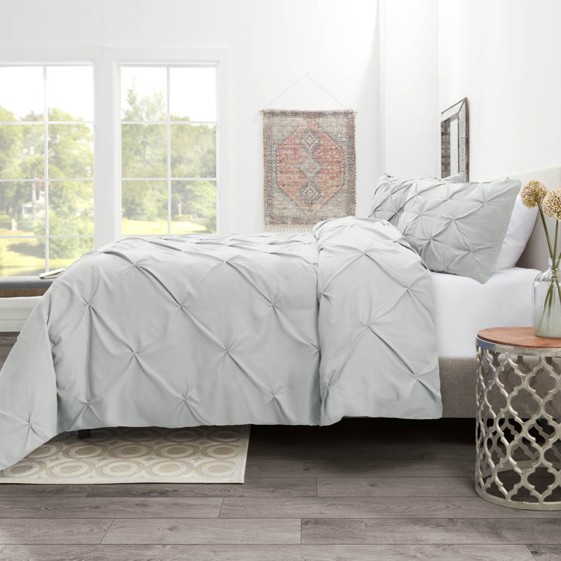 Double Brushed Pleated Duvet Cover Set, Silver Gray, Queen Duvet Cover + 2 Standard Pillowcases