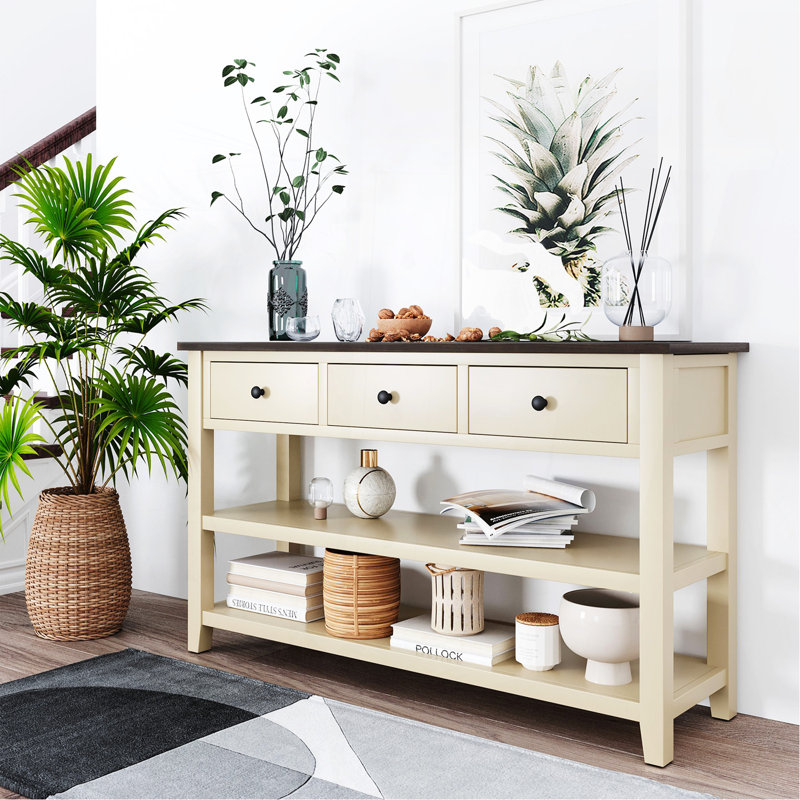 Console rétro avec deux tablettes ouvertes, structure en bois de pin massif et pieds pour le salon (espresso et beige)