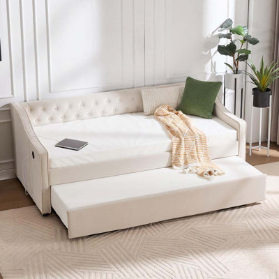 Velvet Upholstery Daybed with Trundle,USB Port ,Side Pockets by House of Hampton