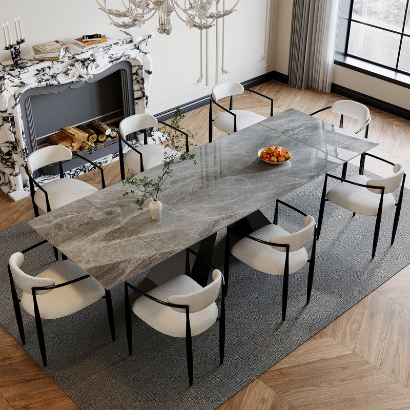 9-Piece 110.23" W Extendable Sintered Stone Dining Set, Gray, White/Black