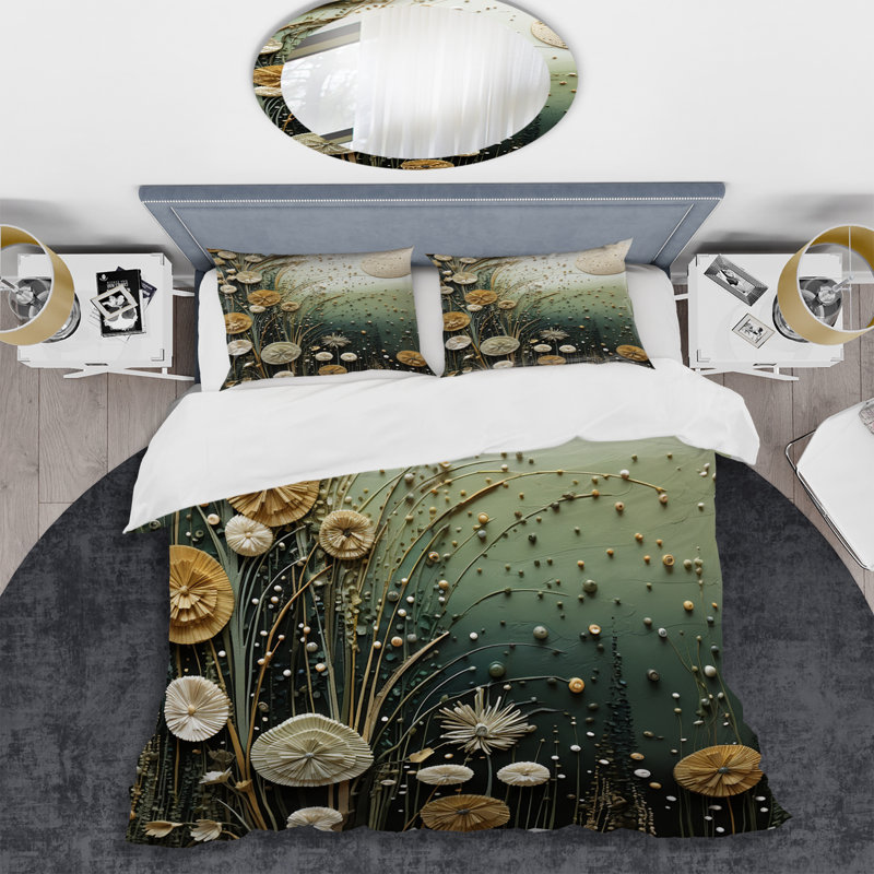 Ensemble de housse de couette vert et jaune à motif de plantes botaniques abstraites 3 - Tachisme