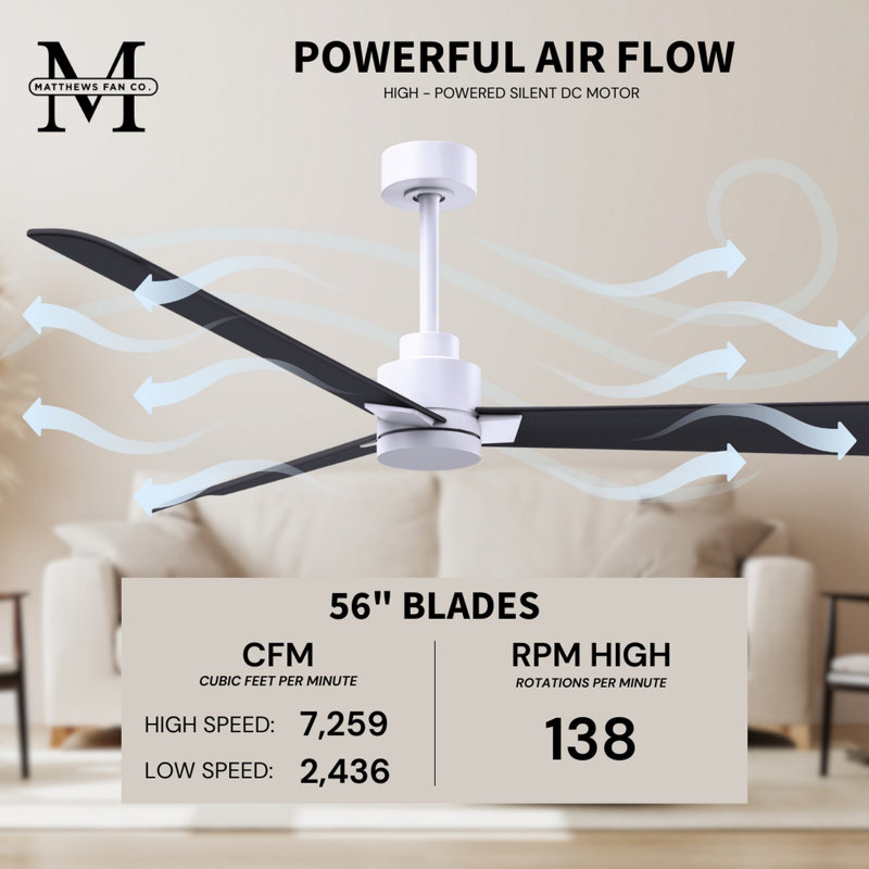 Alessandra Outdoor Downrod Ceiling Fan, Matte Black, Matte White