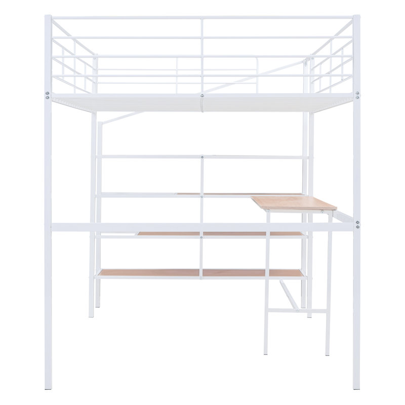 Lit mezzanine en métal blanc avec bureau et tablette latérale - Décoration de salon, option de chambre à coucher élégante
