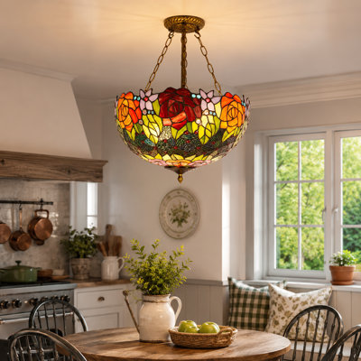 Tiffany Style Stained Glass Floral Semi Flush Mount, Vintage Bronze Finish, Colorful Rose Pattern With Bulbs
