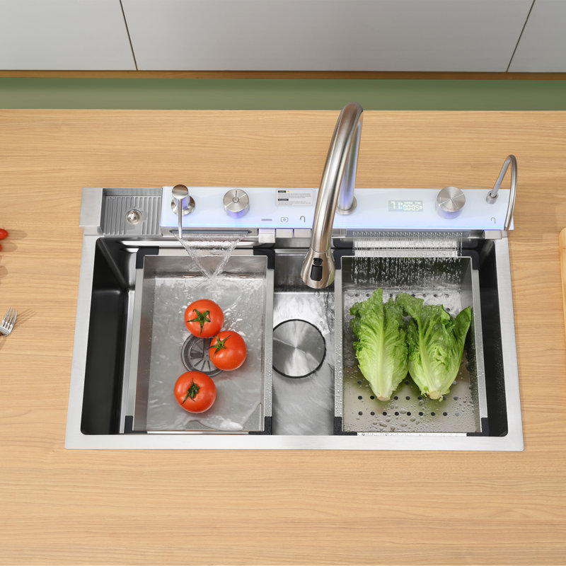 30"L × 18"W Drop-in Single Bowl Stainless Steel Kitchen Sink with Digital Display Workstation Sink, Brushed Nickel
