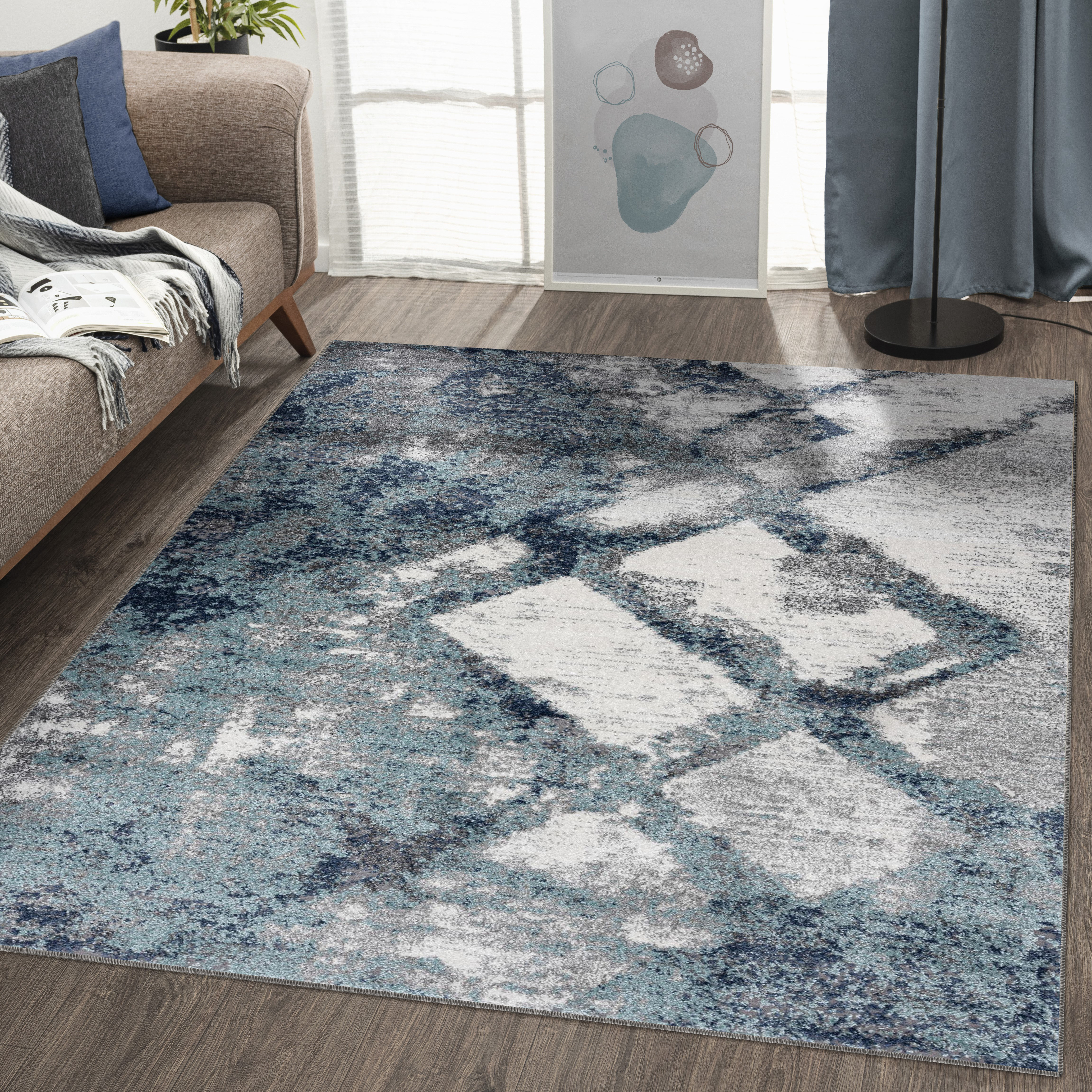 Small Indoor Outdoor Area Rug Machine Washable Rug Low Pile Throw Kitchen  Rug Non Slip Wave Pattern Area Rug, 2' x 3' Blue 