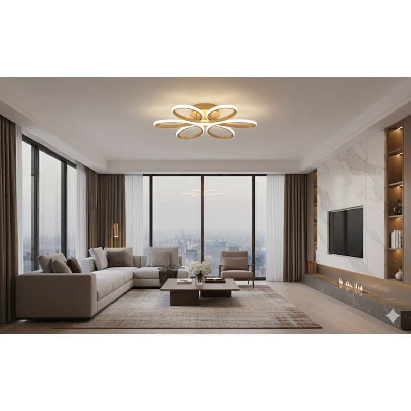 Plafonnier encastré 6 lumières DEL en laiton à intensité variable avec diffuseurs en acrylique blanc