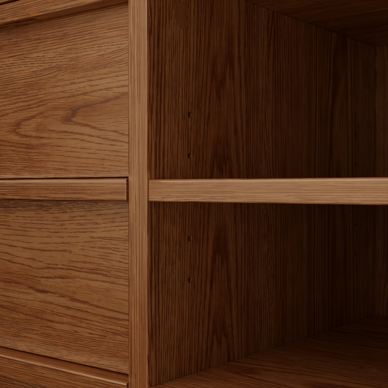 Armoire de rangement roulante moderne en bois massif avec tiroirs, étagères ouvertes et roulettes verrouillables, Brun