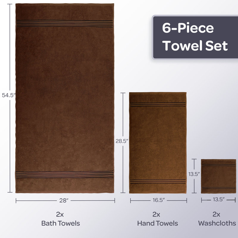Jordan-Dale Cotton Bath Towel Set - Bathroom Accessories with Machine Washable Towels, Chocolate, 6 Piece Towel Set