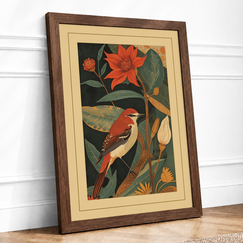 Cardinal Among Blooms Botanical - Print, Walnut, A1 - 84.1 x 59.4 cm