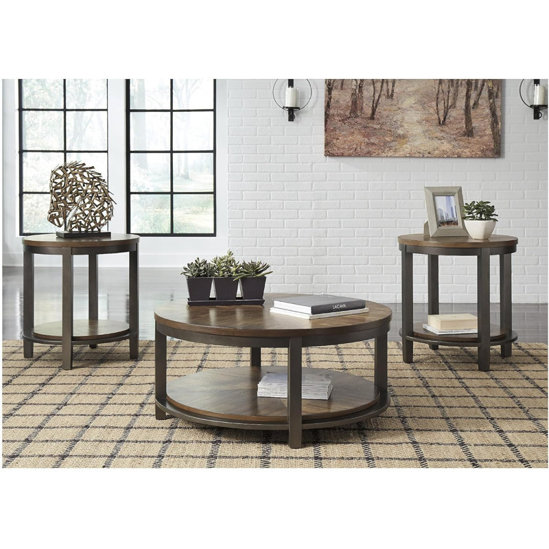 Ensemble de tables rondes rustiques 3 pièces - Table basse brun clair et deux tables de bout avec tablettes fixes