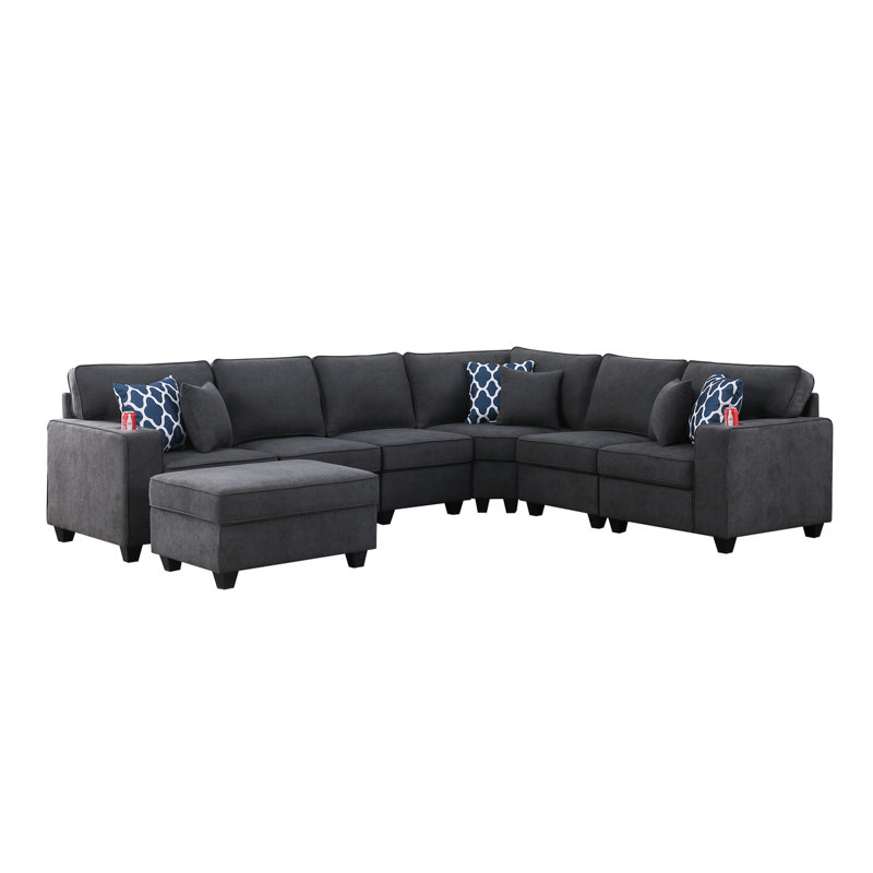 Canapé modulaire en L gris pierre de 125 po à 7 places, 34,25 po x 26,5 po, hauteur des accoudoirs de 24,25 po, sièges rembourrés en mousse avec porte-gobelet et pièces modulaires, hauteur