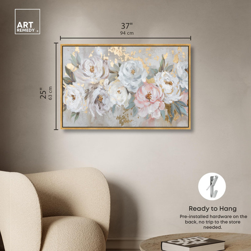 Art, art floral sur toile, H 25 po x l 37 po, Cadre flottant doré
