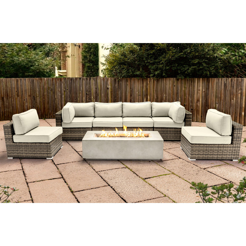Lsi Fully Assembled 6 Person Seating Group With Firepit And Sunbrella Cushions, Sunbrella Canvas