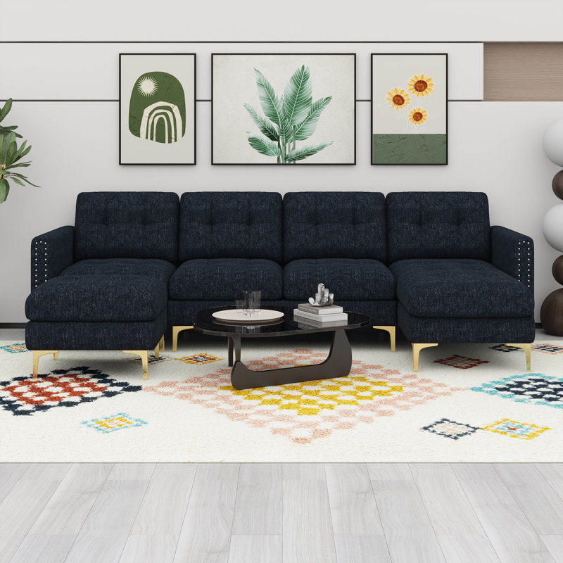 Canapé modulaire convertible en L avec repose-pieds mobile, Noir