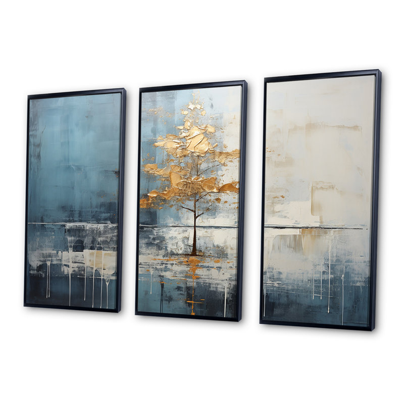 «Gold and Blue Bird Bloom Springtime IV», art mural sur toile, H 28 po x l 36 po, Cadre flottant noir