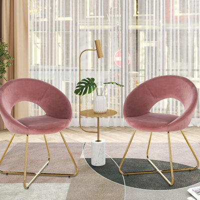 De 2 chaises de loisirs en velours rose - Fauteuil de salle à manger avec cadre en métal doré et fauteuil rembourré de style Mid-Century avec pieds et rembourrage en éponge