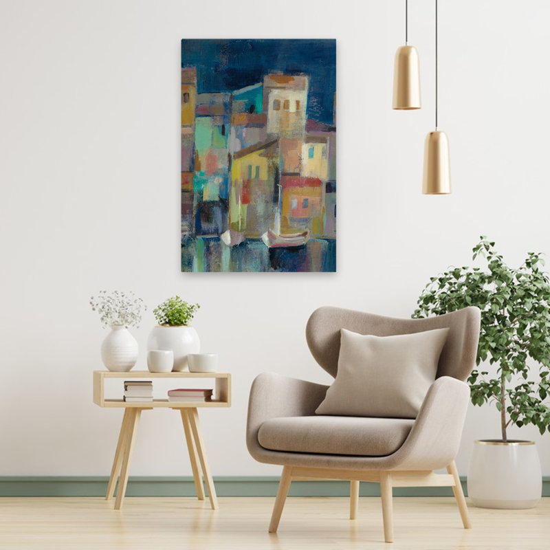 «Evening I Port III» - Architecture abstraite bleu beige, H 36 po x l 24 po