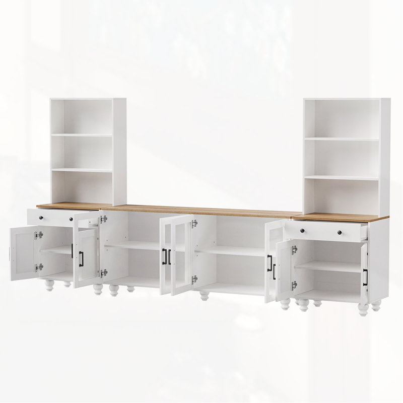 Meuble audio-vidéo avec tablettes et portes en verre trempé, Blanc/naturel