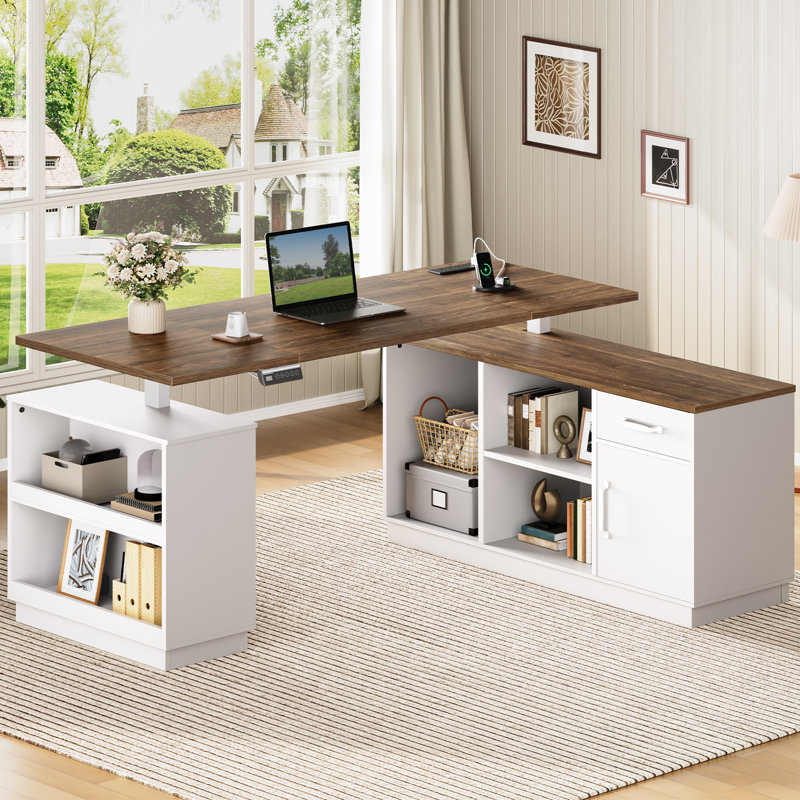 Bureau debout en L de 63 po avec tiroir et support pour moniteur, bureau de direction à hauteur réglable avec armoire de rangement et prise de courant