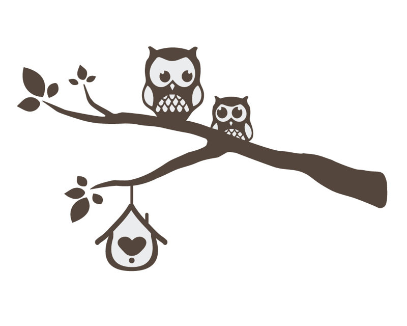 Décalcomanie murale owls sur une branche, H 39 po x l 65 po x P 0,01 po, Brun