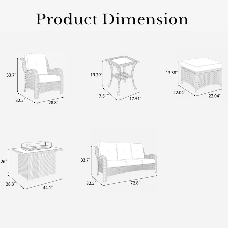  7 Pieces Outdoor Patio Furniture Set With Fire Pit Table, Rattan Wicker Sectional Chairs Sets With Ottomans, Single Chairs And Coffee Table
