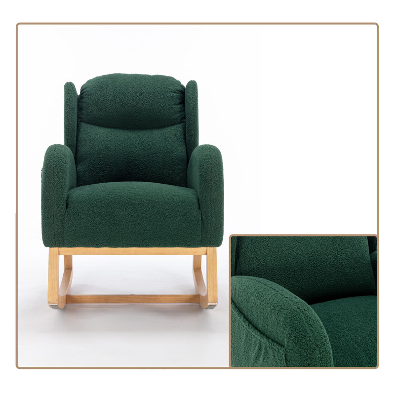 Modern Upholstered Rocking Chair with Wooden Base and Side Pocket, Green