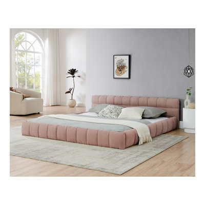 King Size  Upholstered Bed Frame With Thick Fabric, Chenille Fabric Grounded Queen Size Platform Bed With Headboard And Frame. No Box Spring Needed-Pink