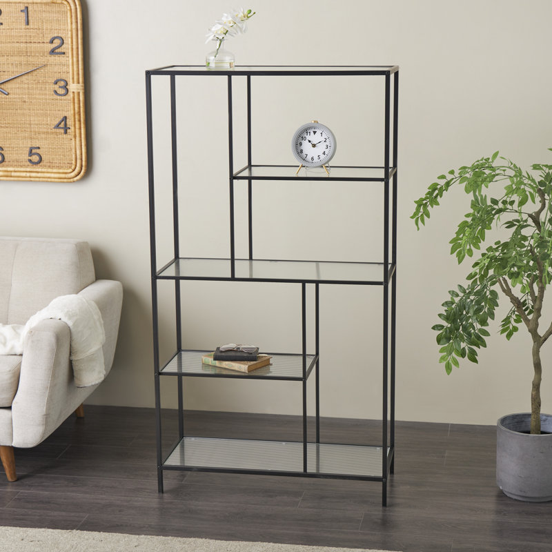 Naseerah Metal 4 Shelf Storage Black Shelving Unit with Clear Glass Shelves