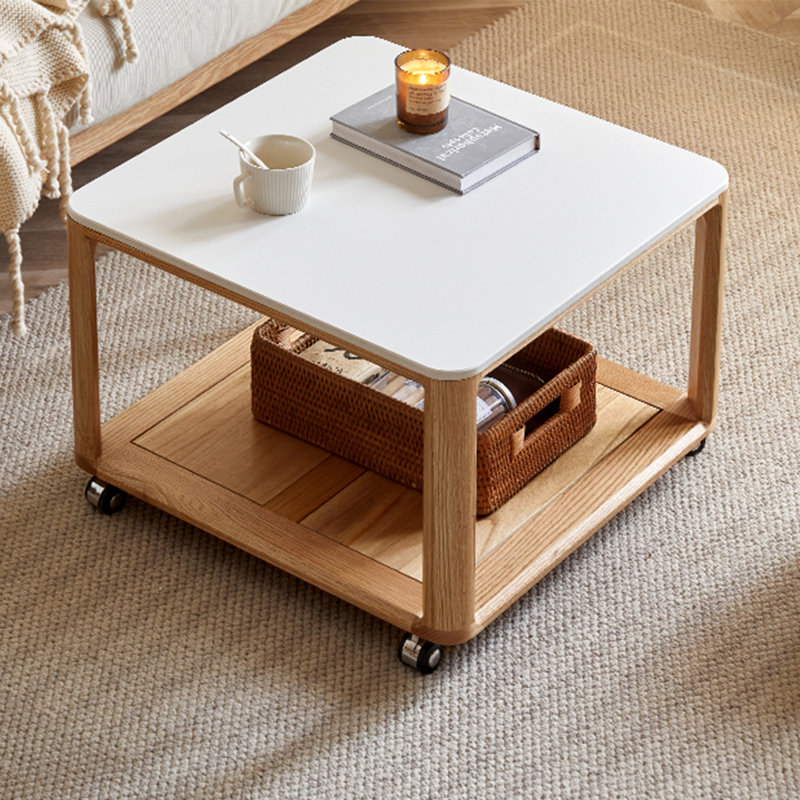 Modern Minimalist Oak Square Sintered Stone Mobile Side Table