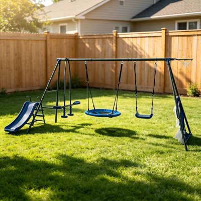 Ensemble de balançoire en métal 6-en-1 pour enfants avec balançoire, glissade, balançoire et accessoires de sport, ensemble de jeu pour la cour extérieure