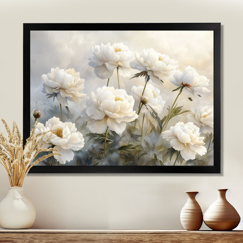 Iphigénia pivoines dans la brume de basse-cour I - pivoines, art mural pour le salon, Reproduction encadrée d'une seule photo