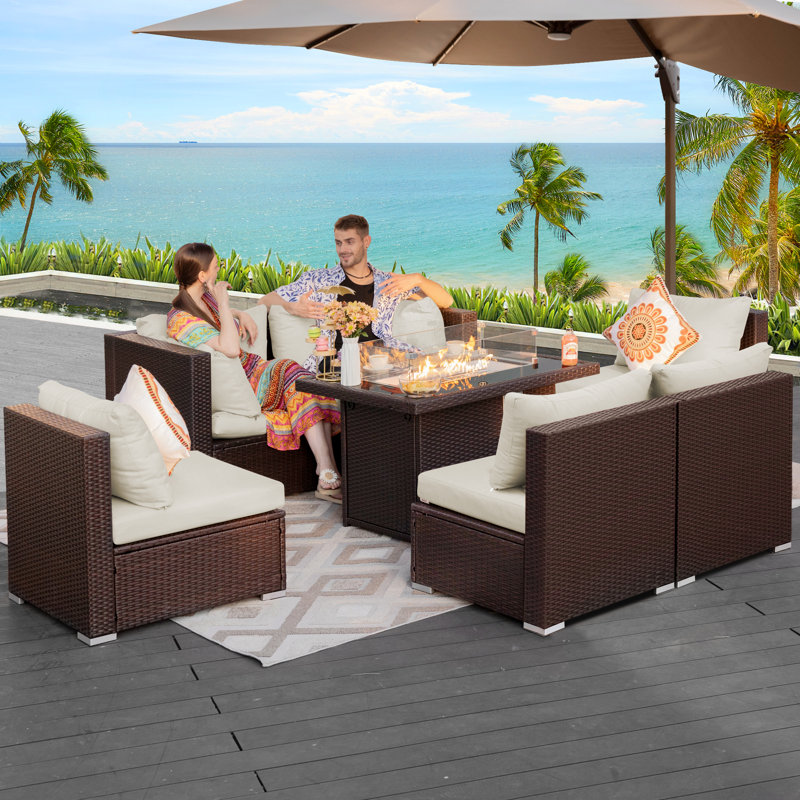 7-Piece Outdoor Furniture Set with Fire Pit Patio Wicker Conversation Set Cushions, Espresso, Beige