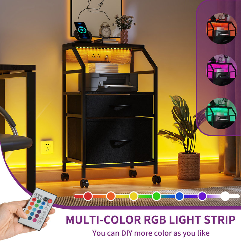 Kyila 2 Drawer File Cabinet With Power Outlet And USB Charging Port, Printer Stand With Open Storage Shelf With Lighting