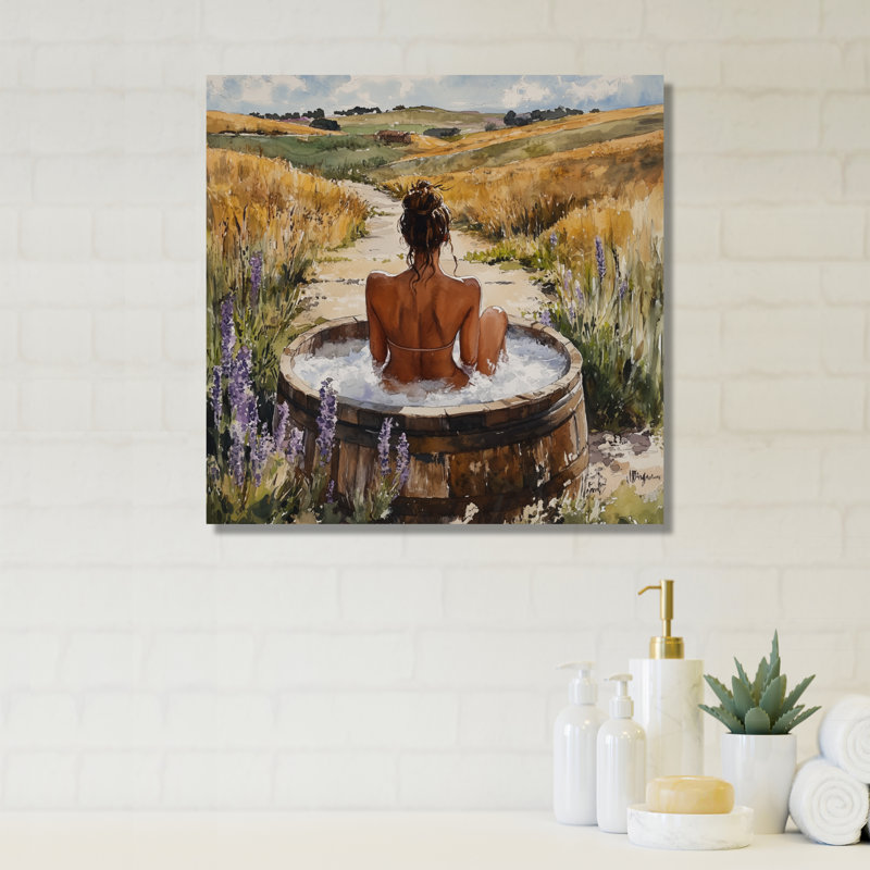 Femme dans une prairie de baignoire - art mural de salle de bain, H 30 po x l 30 po x P 1 po, Métal métal