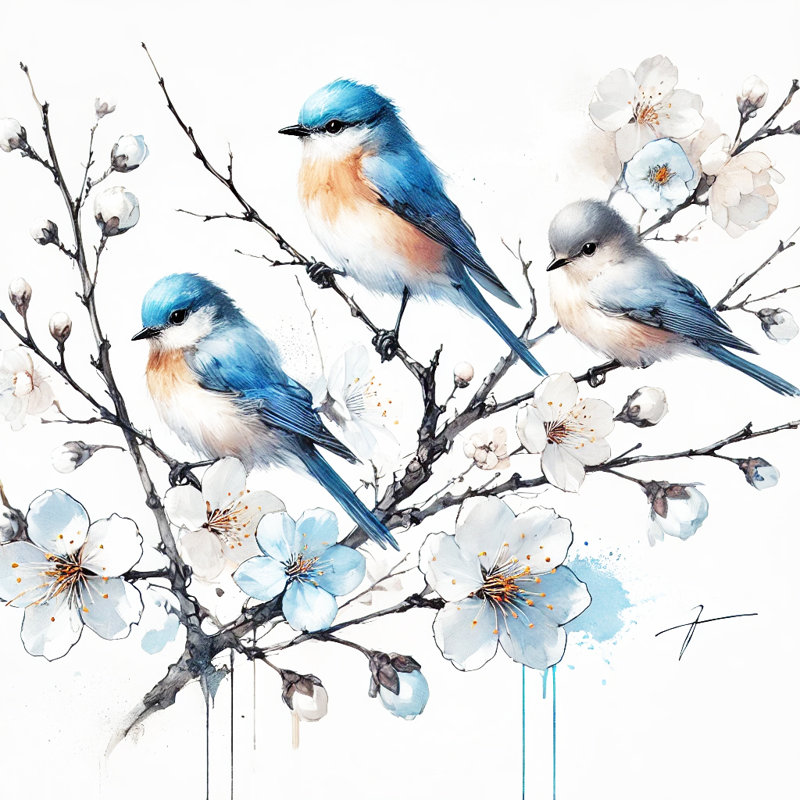 «Vivid Melody - Bluebirds and Blossoms», reproduction d'art sur toile, H 12 po x l 12 po x P 1 po