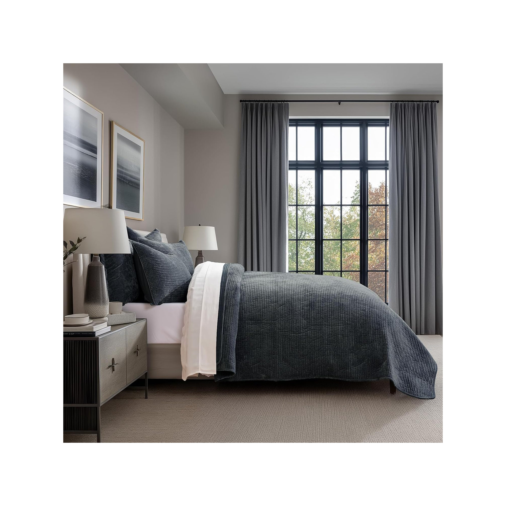Striped Channel Velvet Quilt Set, Queen, Midnight Blue