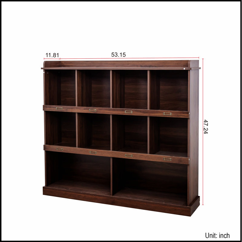Élégante bibliothèque en noyer à 10 étagères pour un rangement et une présentation organisés, idéale pour la maison et le bureau.