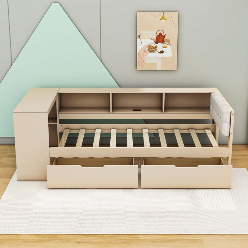 Lit en bois à deux tiroirs Northup avec station de charge et tablettes, Simple, Crème, crème