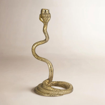 Pillar and Taper Candle Holder Metal Aluminum Snake Design Metallic Boho Style for Home Office Living Room Bedroom - 13" Gold